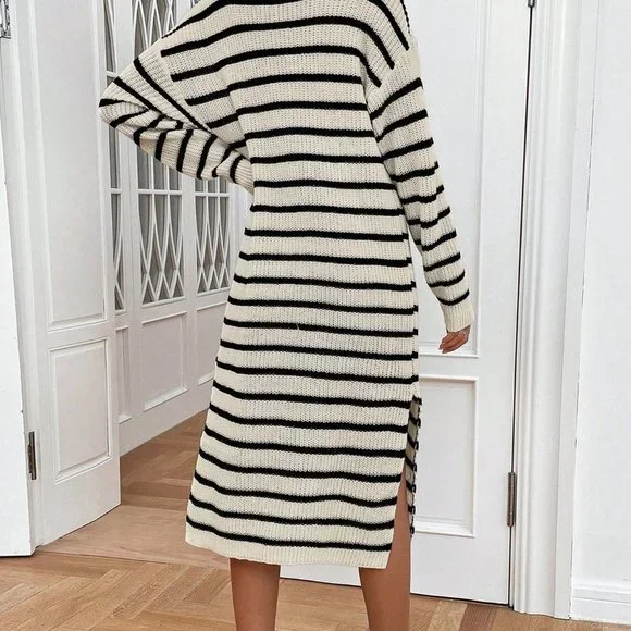 Multicolor Casual Womens Striped Pattern Drop Shoulder Split Thigh Sweater Dress - Picture 2 of 5